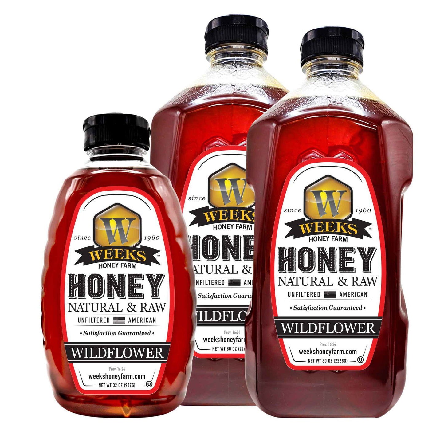 Three bottles of Weeks Naturals | Weeks Honey Farm Our Best All-Natural Pure Raw Wildflower Honey in small, medium, and large clear bottles show golden Georgia honey labeled as natural, raw, unfiltered, and American.