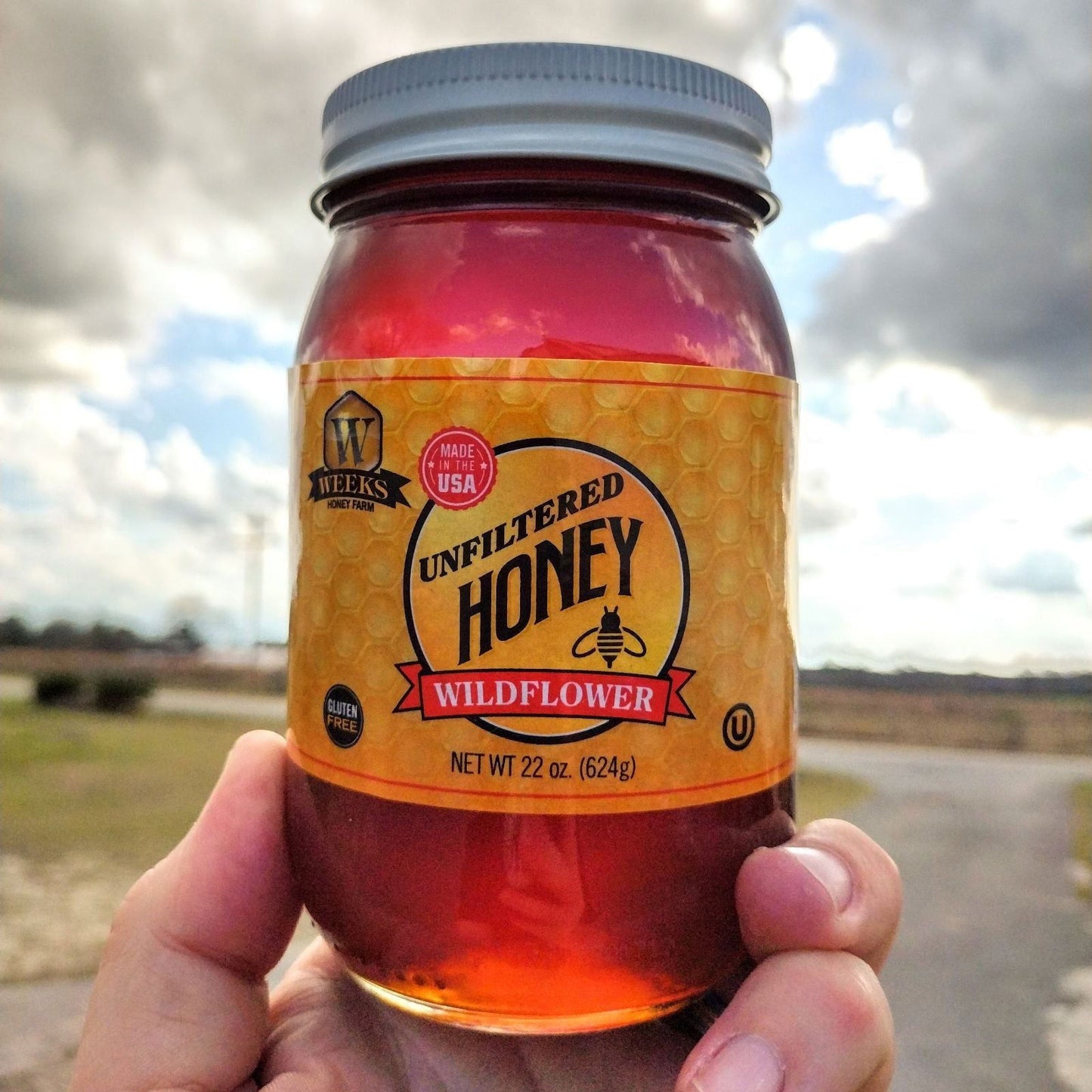 A hand holds a jar of Weeks Naturals | Weeks Honey Farm Our Best All-Natural Pure Raw Wildflower Honey outdoors, glowing golden with a cloudy sky and open field softly blurred in the background.