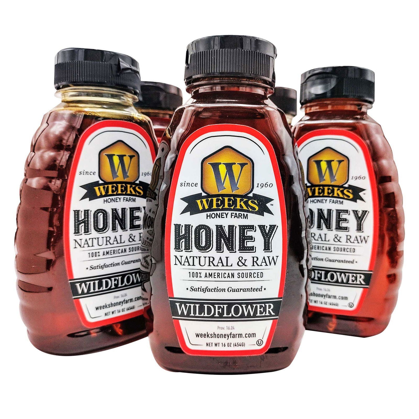 Four bottles of Weeks Naturals | Weeks Honey Farm “Our Best All-Natural Pure Raw Wildflower Honey” showcase rich amber honey, each with yellow and black caps featuring a bold yellow “W,” delivering pure wildflower honey straight from Georgia.