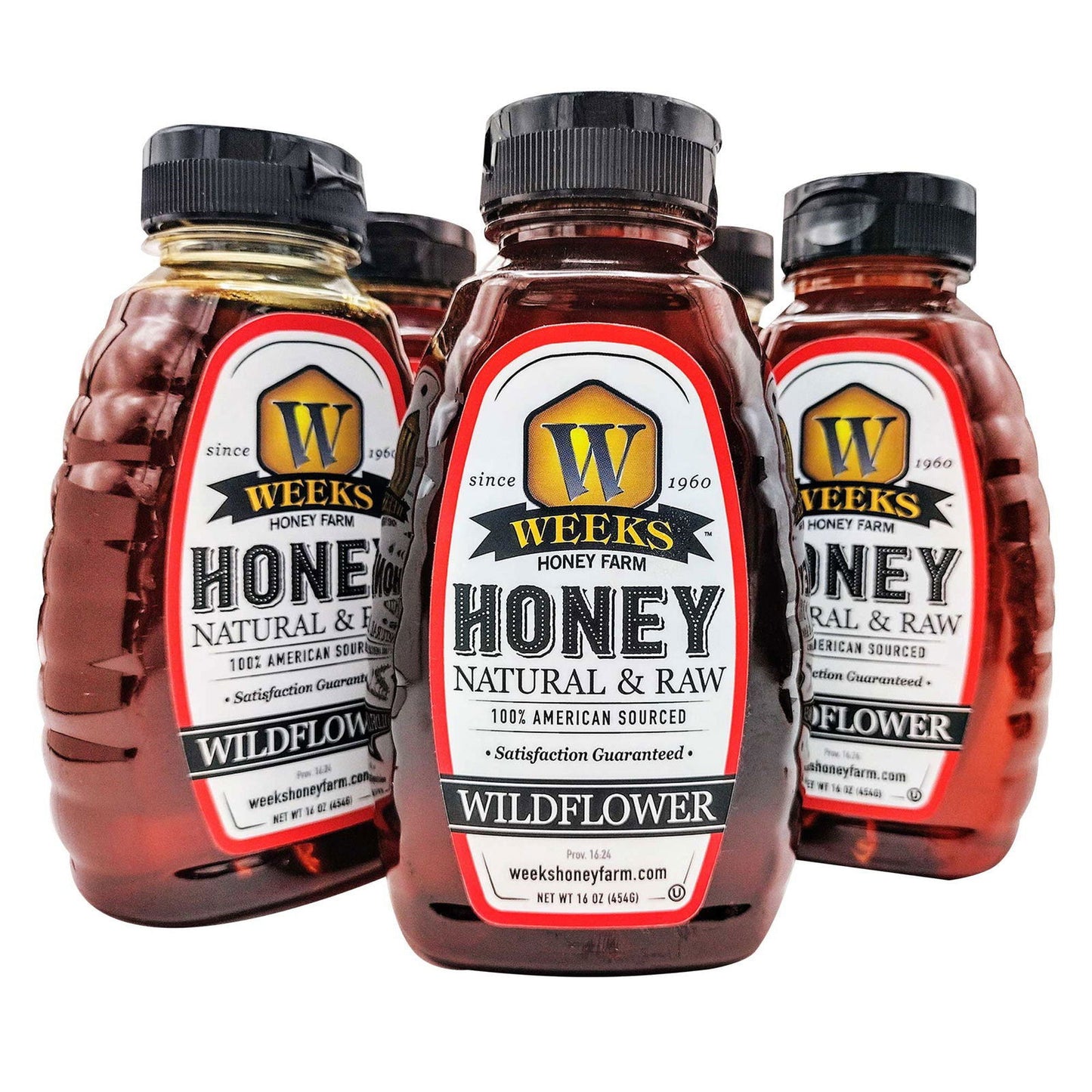 Four bottles of Weeks Naturals' Our Best All-Natural Pure Raw Wildflower Honey are arranged together. The amber honey, labeled 100% American sourced pure Georgia honey, features a yellow W and is made by Weeks Honey Farm.