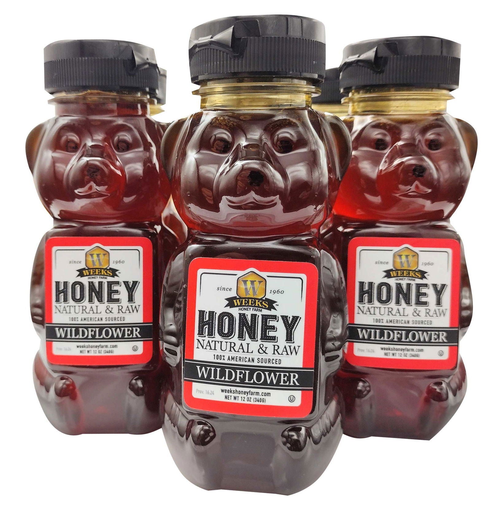 Four bear-shaped plastic bottles filled with amber, pure raw wildflower honey are grouped together. Each is labeled “Our Best All-Natural Pure Raw Wildflower Honey” from Weeks Naturals | Weeks Honey Farm, capped with black lids.