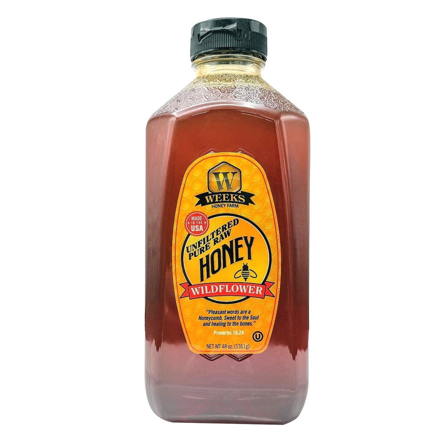 Weeks Naturals | Weeks Honey Farm Our Best All-Natural Pure Raw Wildflower Honey comes in a 48oz clear plastic bottle with a black cap and yellow label, featuring pure, dark amber Georgia honey.