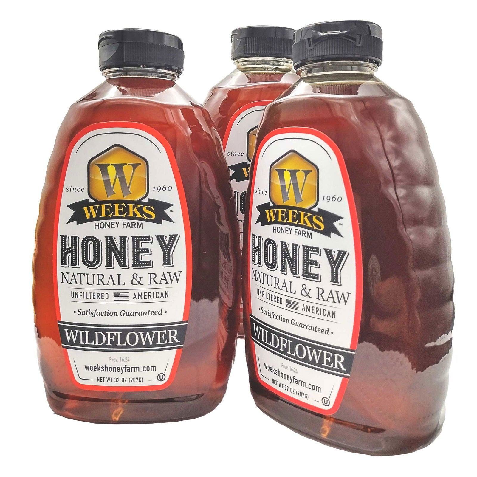 Three bottles of Weeks Naturals | Weeks Honey Farm "Our Best All-Natural Pure Raw Wildflower Honey" are shown together. Labels are yellow and black, highlighting the honey as natural, unfiltered, and American.