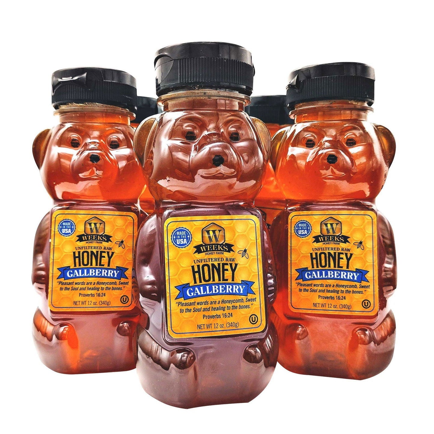 Jar of Weeks Naturals Gallberry Honey, all-natural raw honey from Weeks Honey Farm in a 12-ounce glass jar.