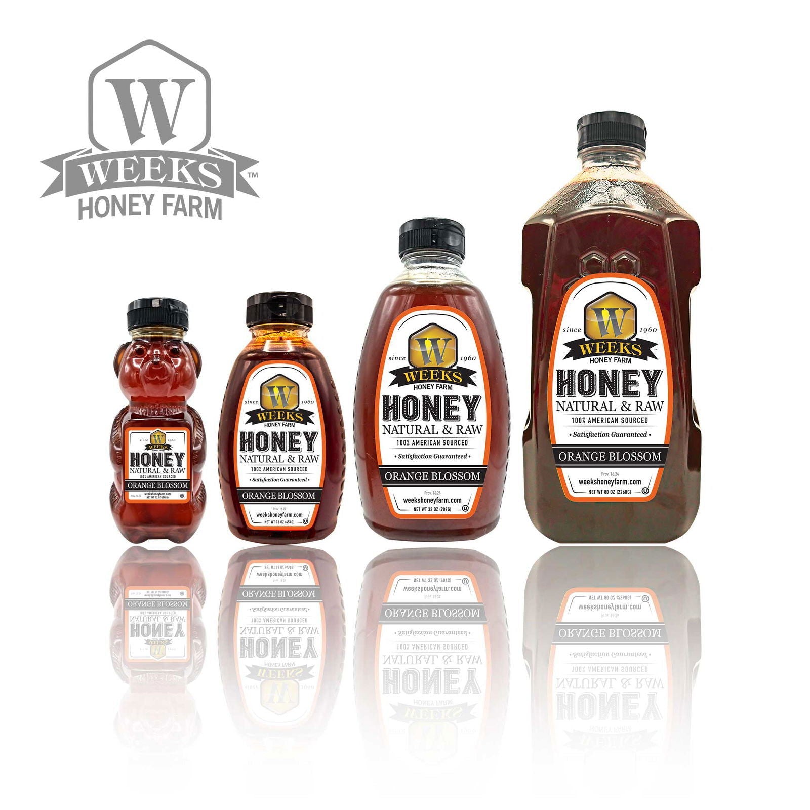 Jar of Weeks Naturals raw orange blossom honey showing golden honey with a natural honey dipper on a wooden surface.