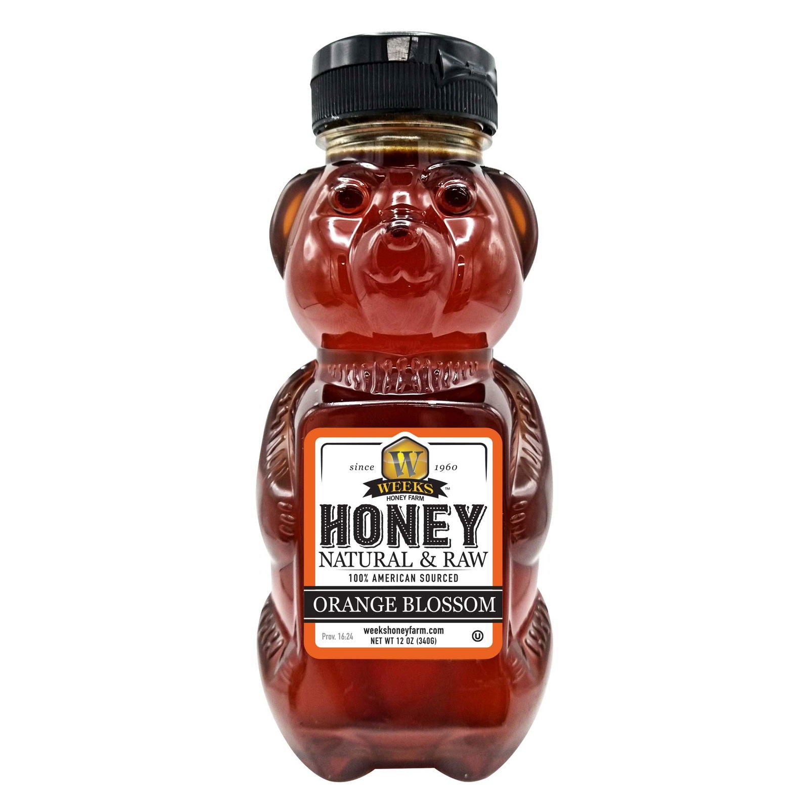 Jar of Weeks Naturals all-natural pure raw orange blossom honey from Weeks Honey Farm, 12 ounces, with golden honey visible inside.