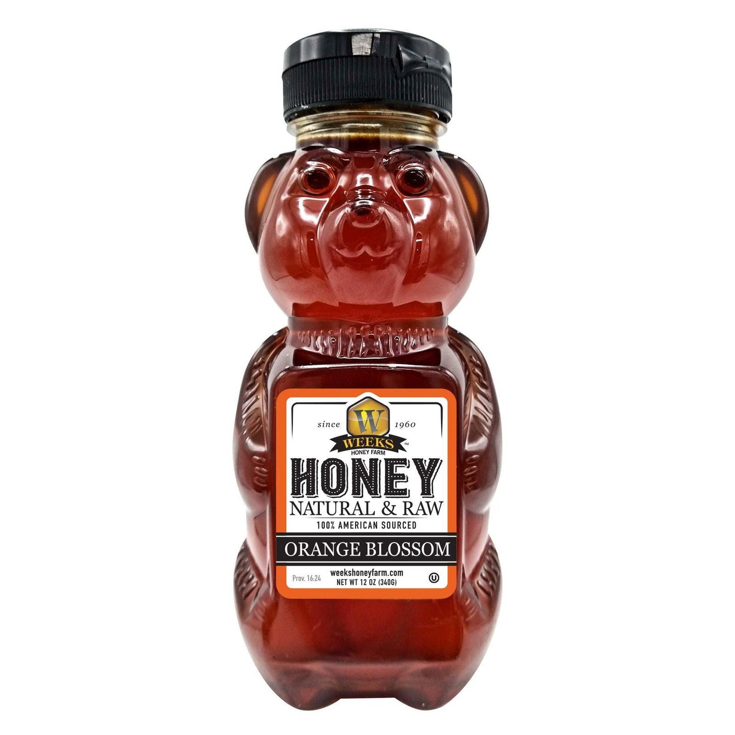 Jar of Weeks Naturals raw orange blossom honey from Weeks Honey Farm, showcasing golden honey in a glass jar.