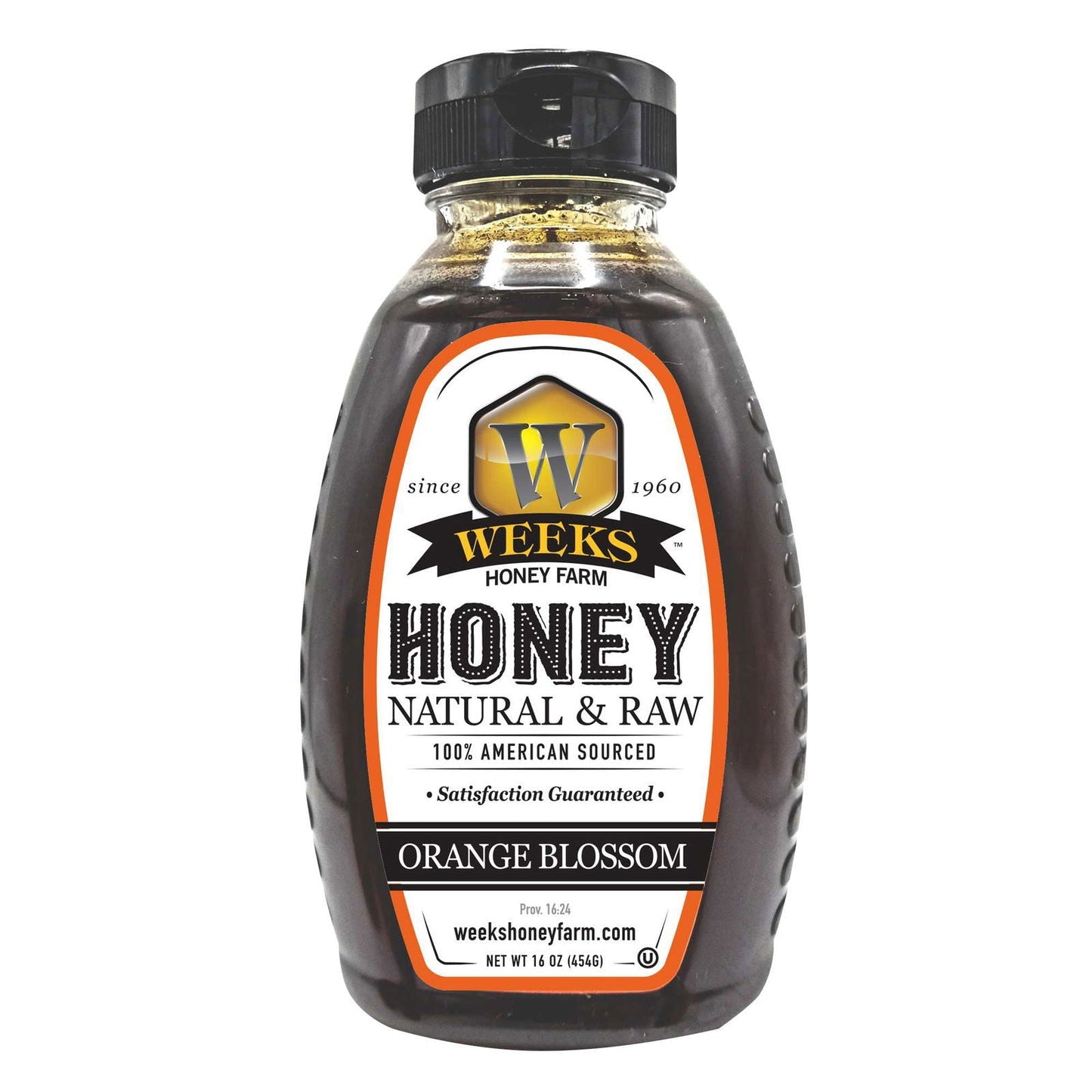 Glass jar of Weeks Naturals pure raw orange blossom honey, showcasing golden honey with a honey dipper and fresh orange blossoms
