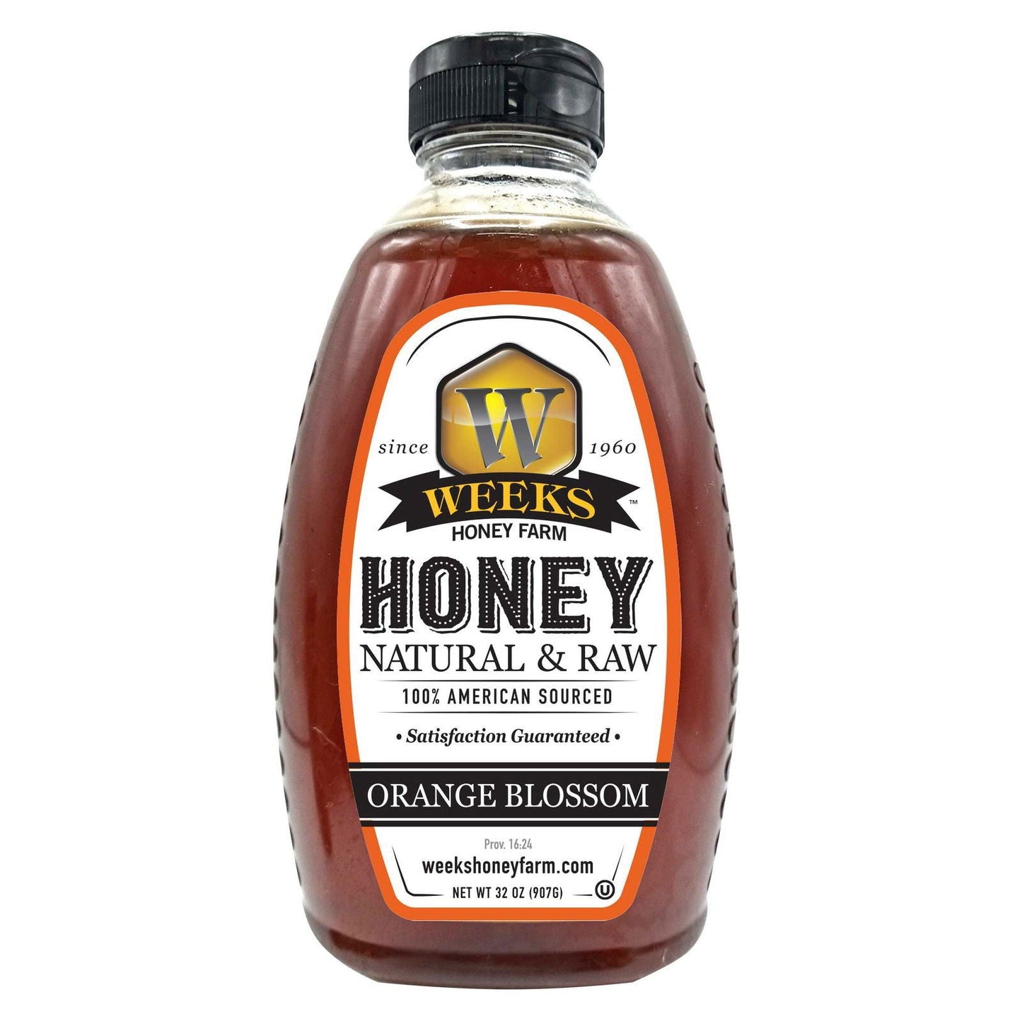 Glass jar of Weeks Naturals raw orange blossom honey showing golden, viscous honey inside with a honey dipper.