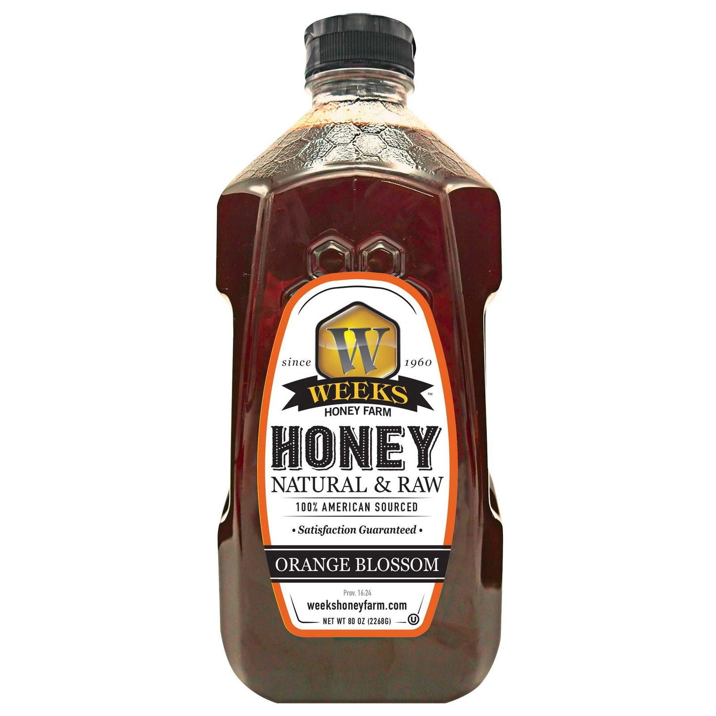 Raw orange blossom honey from Weeks Naturals, golden honey in a jar, showcasing the all-natural, pure honey with floral notes.