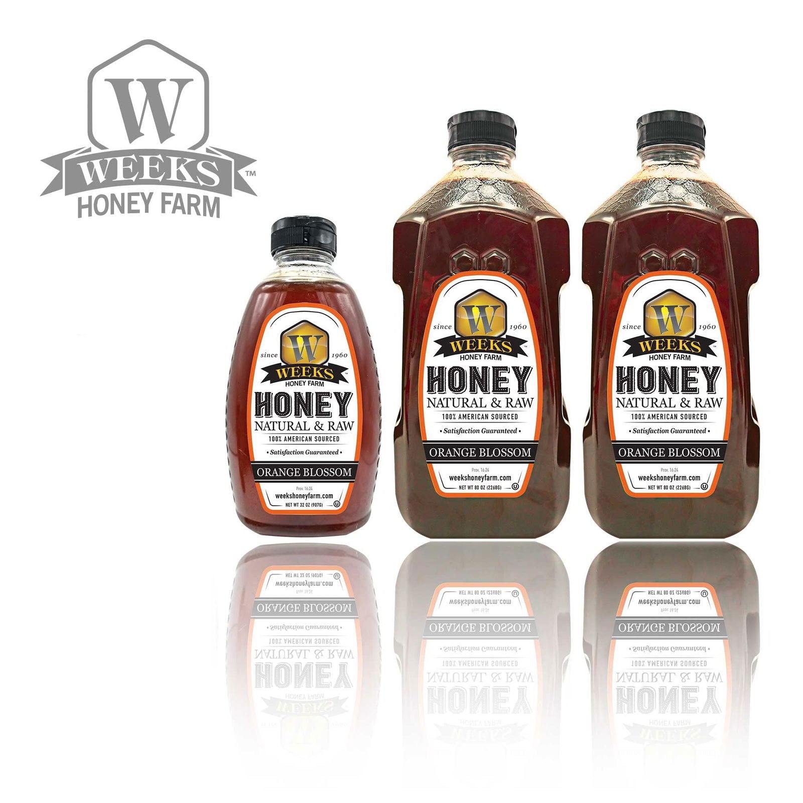 Jar of Weeks Naturals pure raw orange blossom honey from Weeks Honey Farm, showcasing golden honey with orange blossom aroma.
