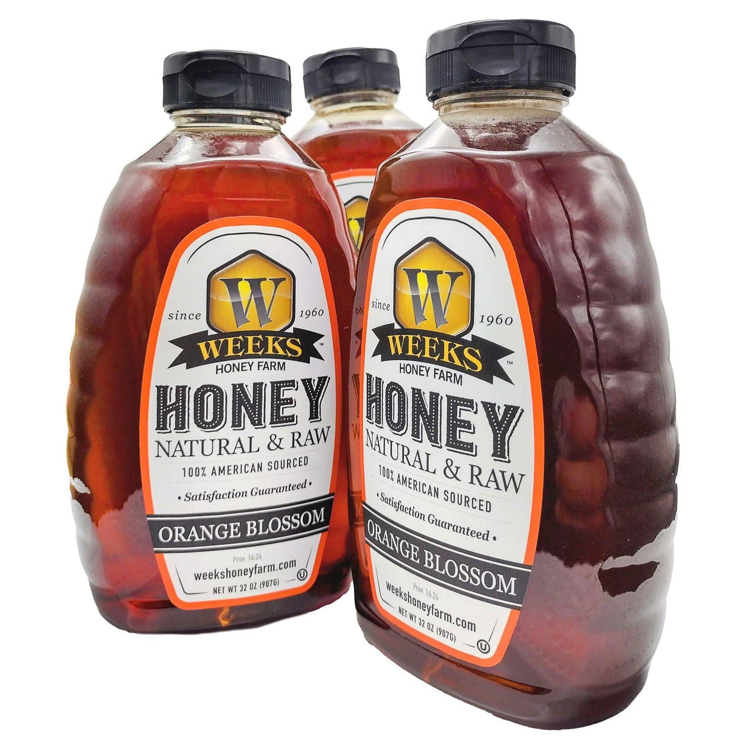 Jar of Weeks Naturals pure raw orange blossom honey from Weeks Honey Farm, showing golden honey with a honey dipper.