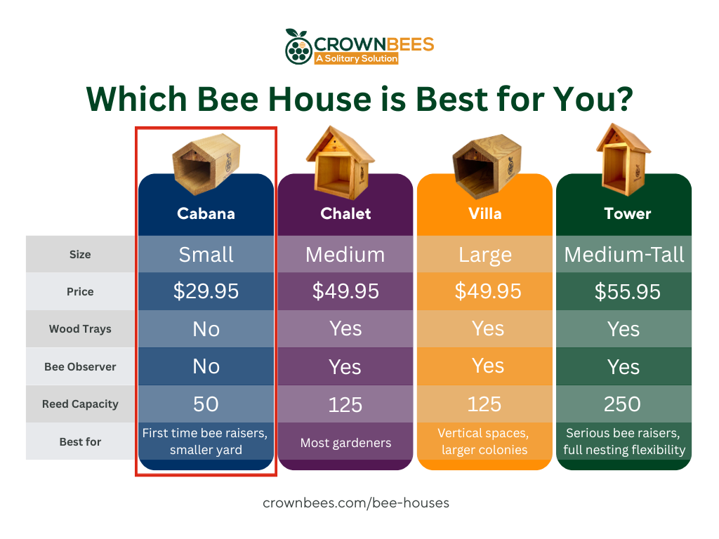 Small hex-shaped Cabana Bee House by CrownBees with wooden entrance holes for native bee nesting.