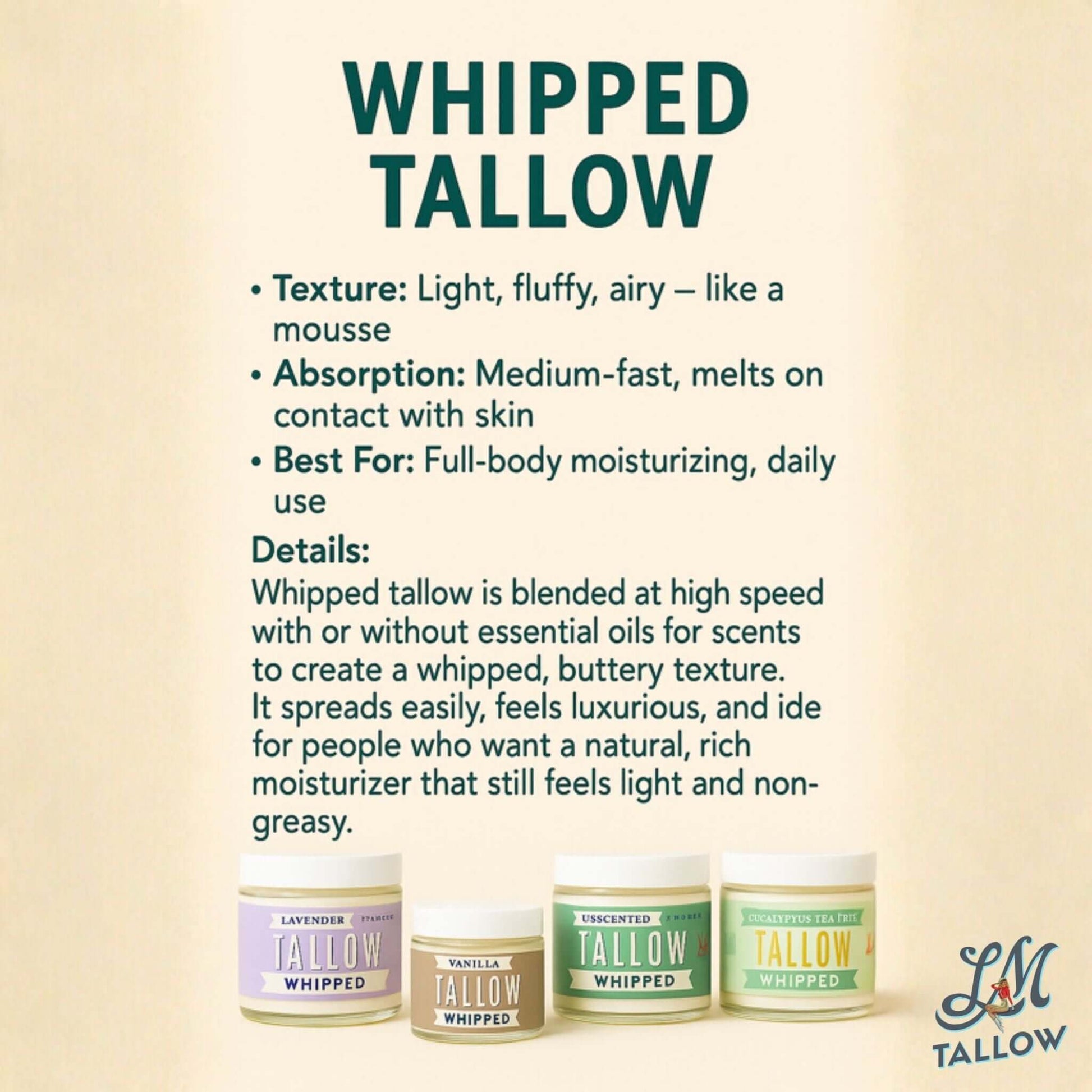 Cream texture of Lady May Tallow unscented whipped beef tallow moisturizer for face and body, with lavender and vanilla benefits.
