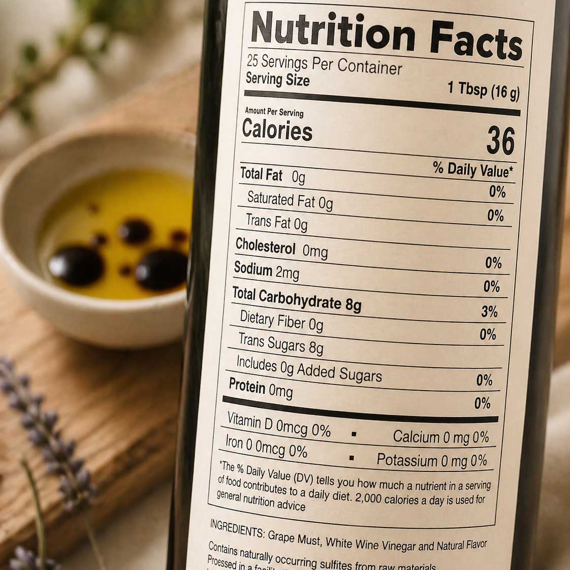 White Lavender Balsamic Vinegar in a 12.7 oz bottle from Our Lavender Co, featuring a white label and aromatic lavender flavor.