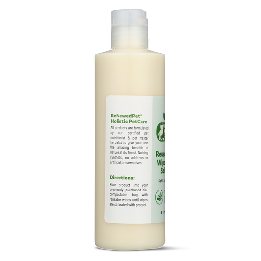 Reusable pet wipes by ReNewedPet for grooming, shown in a container with soft cloths suitable for cleaning dogs and cats.