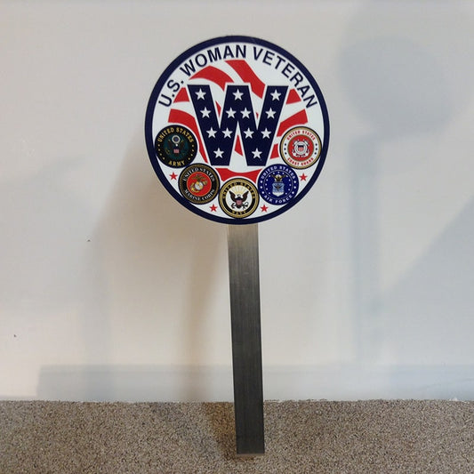U.S. woman veteran grave marker by Flagman of America, made in the USA, with engraved patriotic design and American flag details.