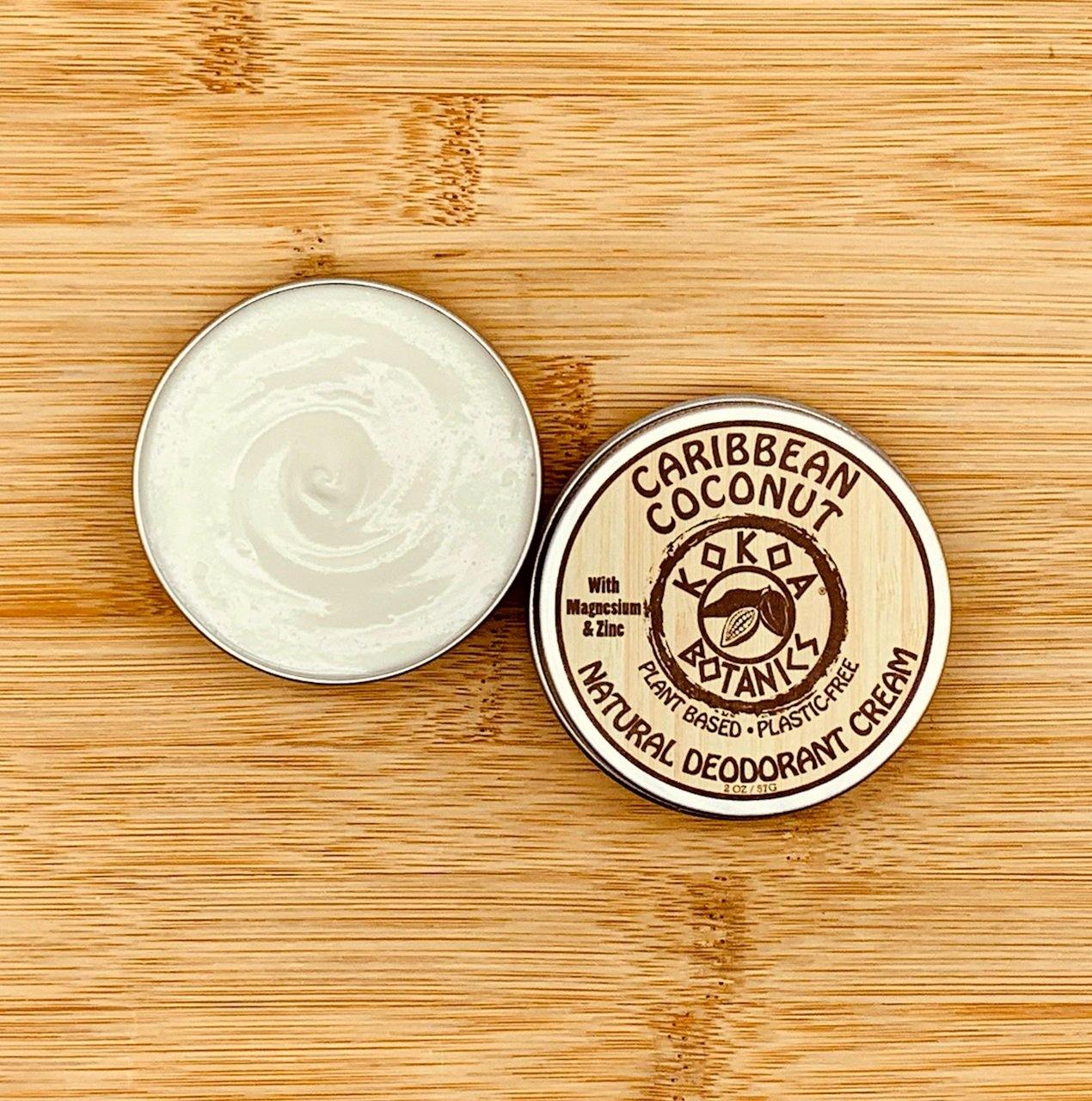 KOKOA BOTANICS Caribbean Coconut natural deodorant cream in a 2.5 oz jar with a wooden lid, aluminum-free and coconut-scented