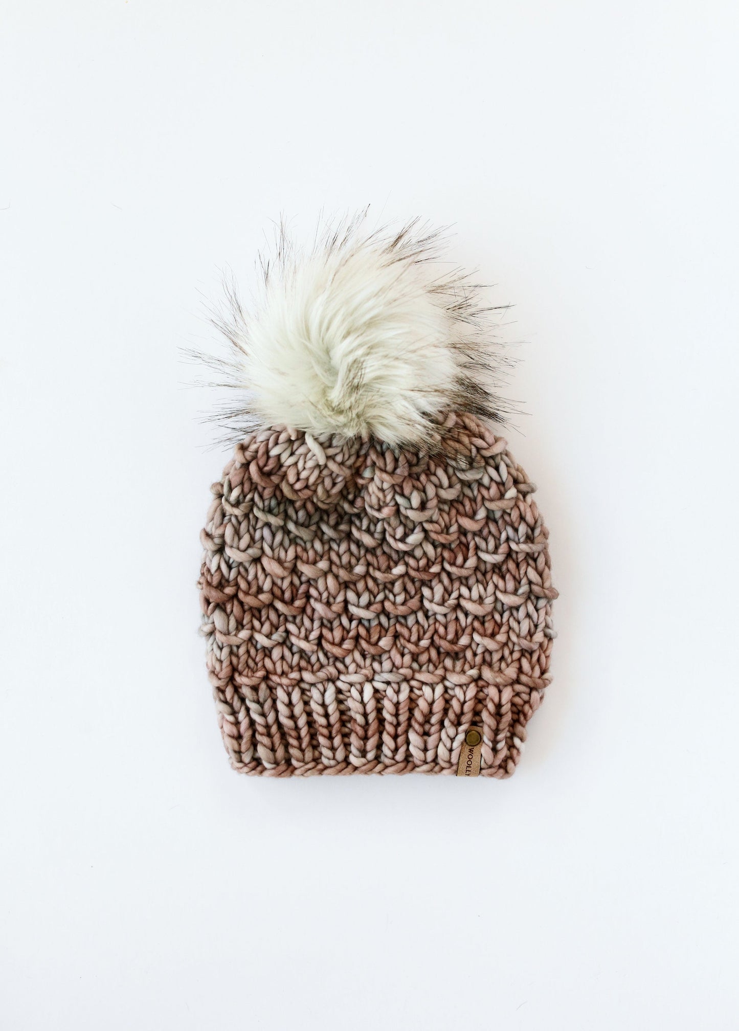 Pearl gray merino wool knit hat with faux fur pom pom by Woolly Bear Knits, warm and cozy winter accessory.
