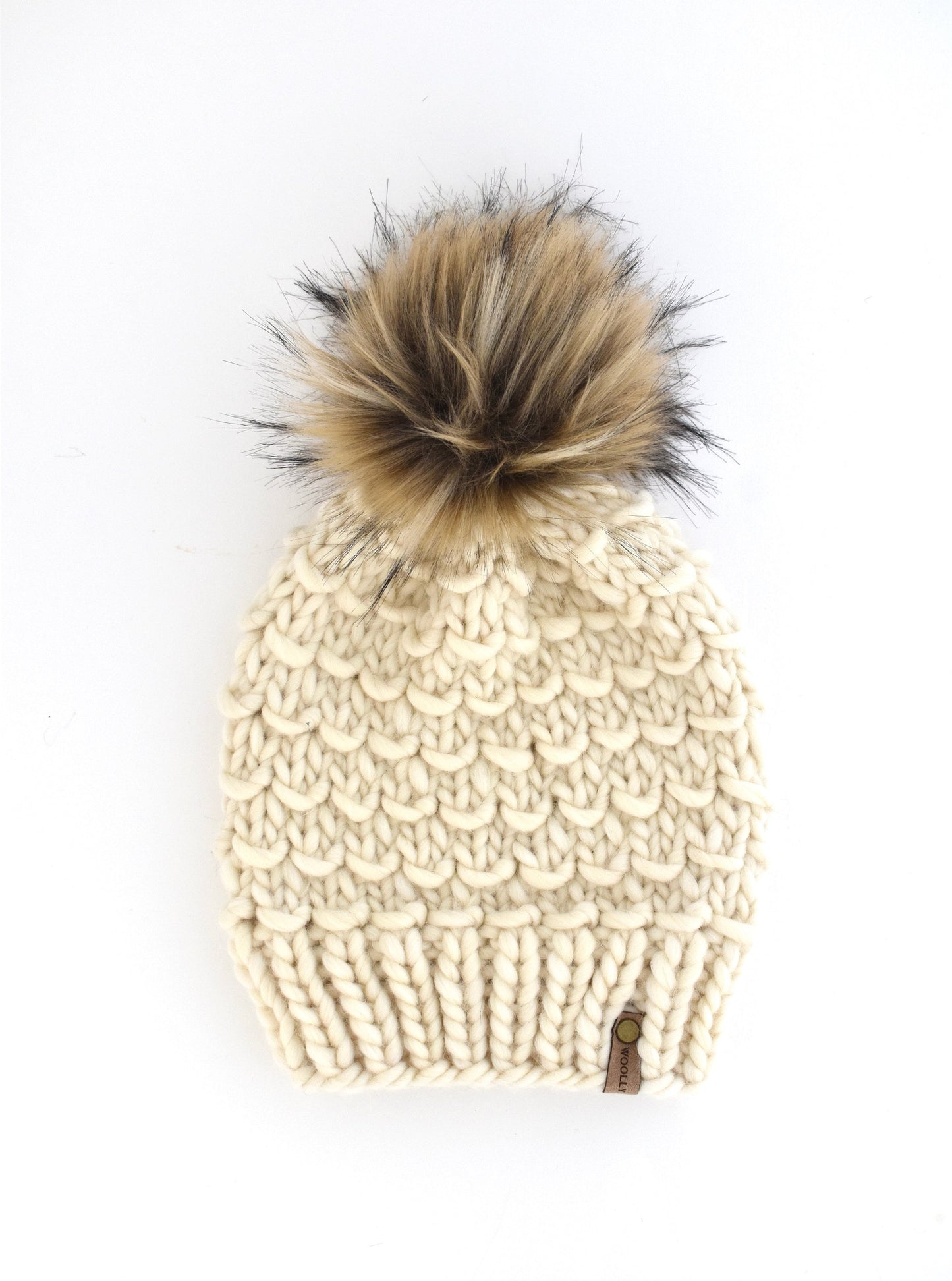 Ivory Peruvian wool knit hat with faux fur pom pom from Woolly Bear Knits, cozy winter accessory with warm Peruvian wool.