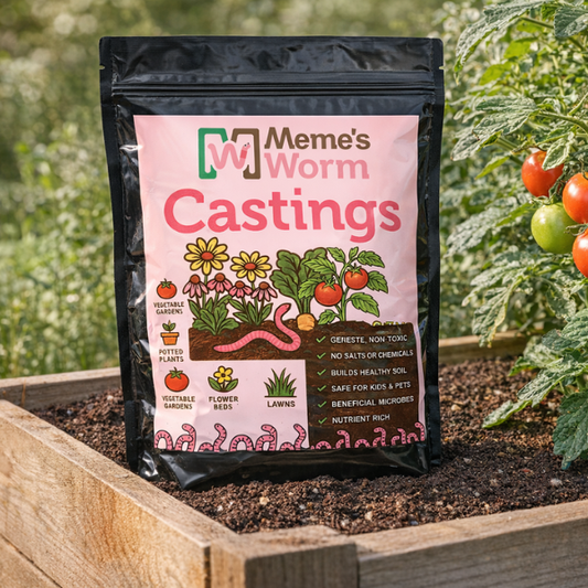 Organic Earthworm Castings soil by Meme's Worms, rich and nutrient-dense for healthy plant growth, shown in a natural soil setting.
