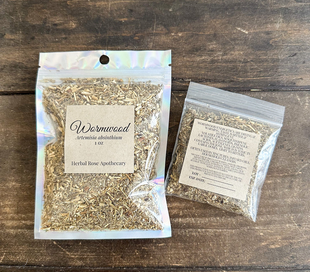Dried wormwood herb with labeled packaging from HerbalRoseApothecary, showing green, leafy wormwood plant for herbal remedies and teas.