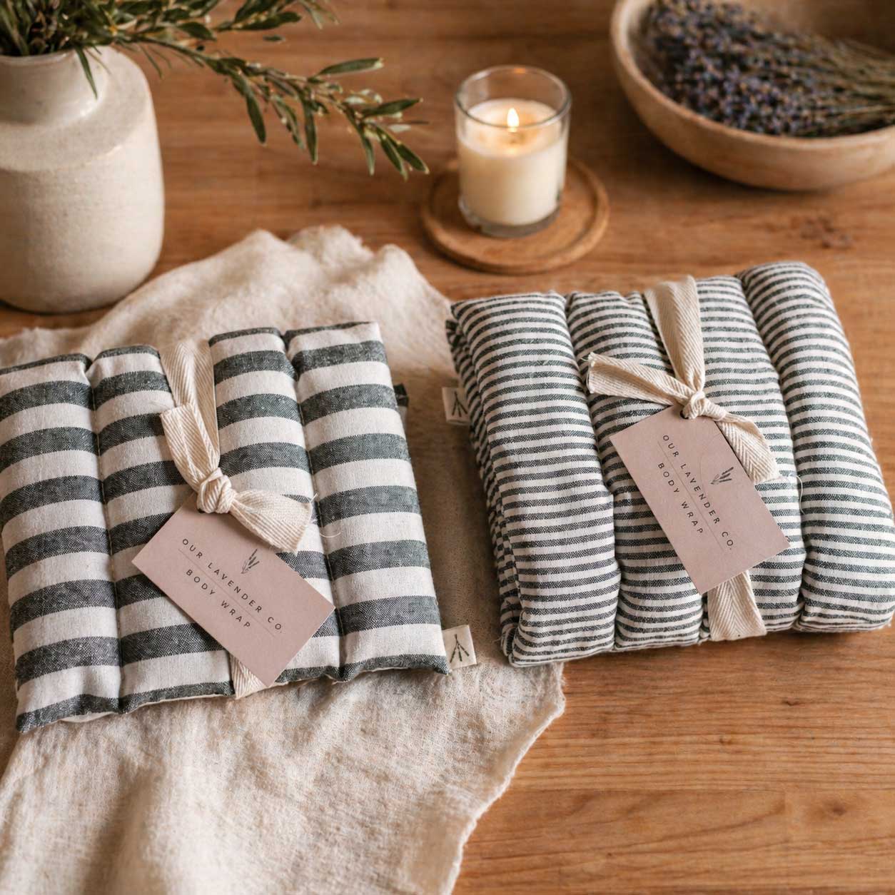 Lavender body wrap heating pad from Our Lavender Co, soft fabric with lavender scent, used for soothing bath and body relaxation.