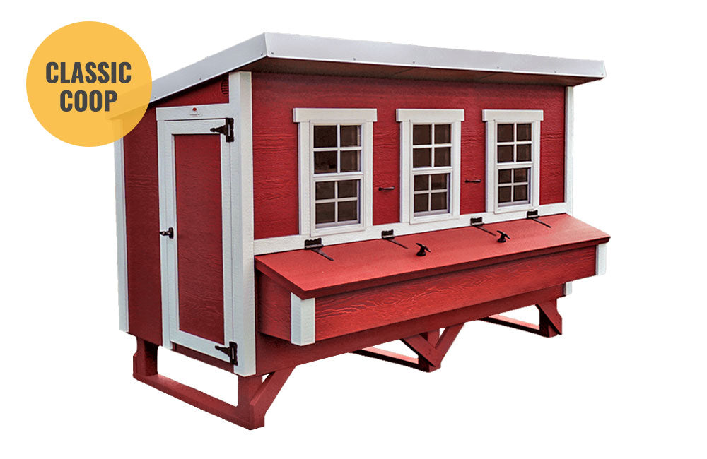 OverEZ XL Chicken Coop for up to 20 chickens, featuring a spacious wooden design with a nesting area and outdoor run.