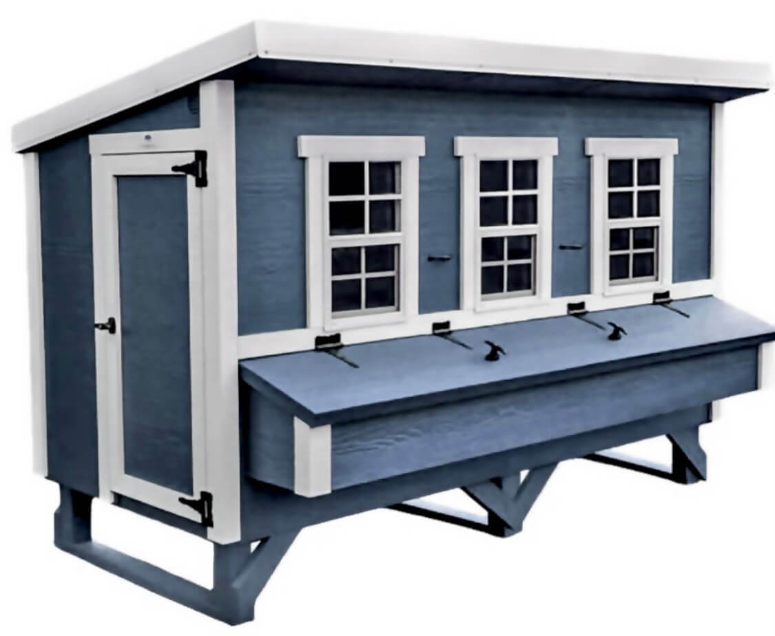 OverEZ XL chicken coop in blue with front door and ventilation for up to 20 chickens, sturdy outdoor poultry housing.
