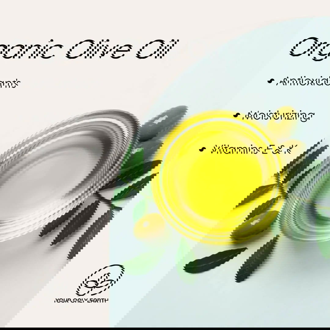 Distorted abstract image with blurred text reading “Lavender Balm” and several illegible words, featuring swirling gray, yellow, and green shapes on a light background. Mentions dry skin relief and daily moisturizer. Your Only Earth logo in lower left corner.