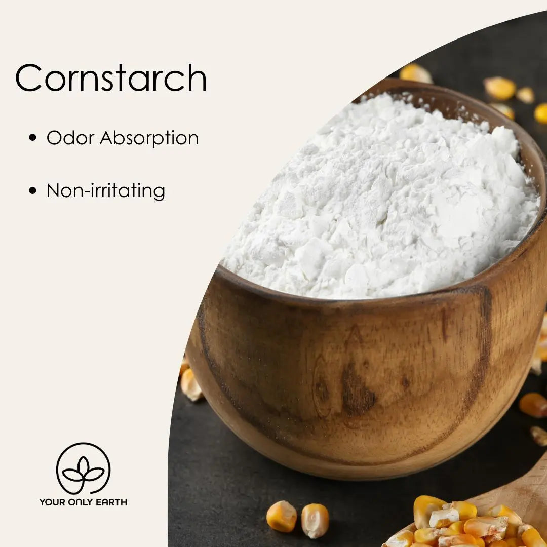 A wooden bowl of cornstarch surrounded by corn kernels promotes Deodorant Balm - Odor Absorption - Non-irritating, enhanced with tea tree essential oils. The brand logo features a leaf design with the text Your Only Earth.