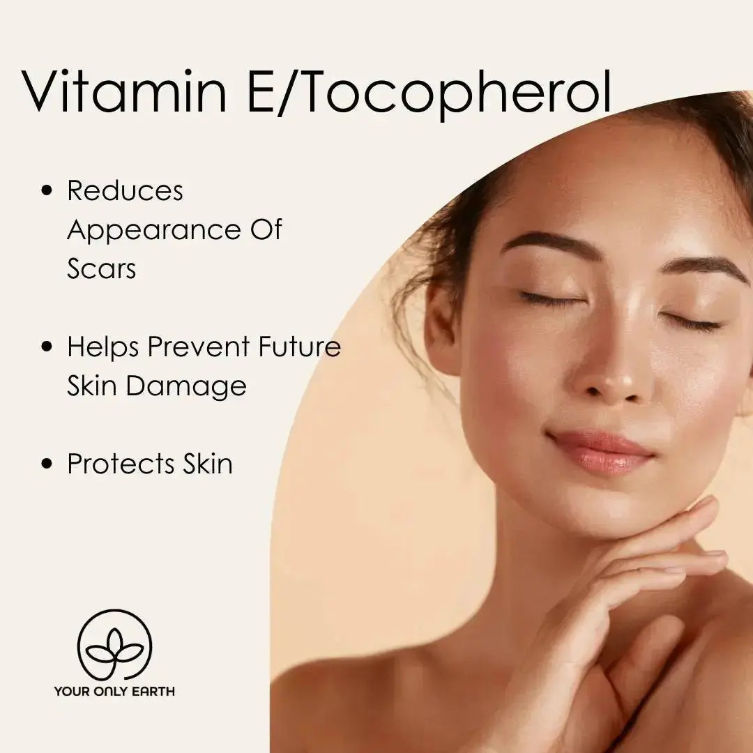 A serene woman with closed eyes touches her face as text highlights the benefits of Deodorant Balm by Your Only Earth: Vitamin E/Tocopherol Reduces Appearance Of Scars, Helps Prevent Future Skin Damage, and Protects Skin, enhanced by non-irritating essential oils.