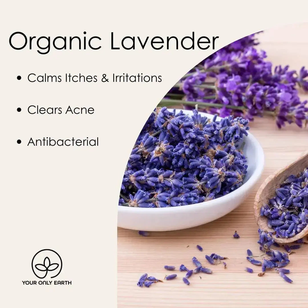 A bowl of purple lavender flowers and a wooden spoon highlight the non-irritating qualities of Your Only Earths Deodorant Balm: Calms itches & irritations, clears acne, antibacterial. The logo is elegantly positioned at the bottom left.