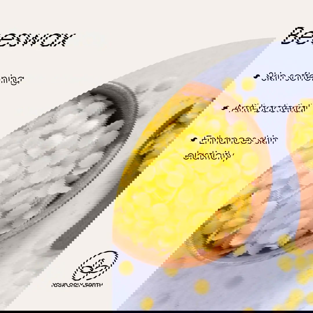 Abstract digital artwork in gray, yellow, and orange tones evokes activated charcoal. Illegible text overlays parts of the image, with a circular Your Only Earth Exfoliator logo in the lower left corner.
