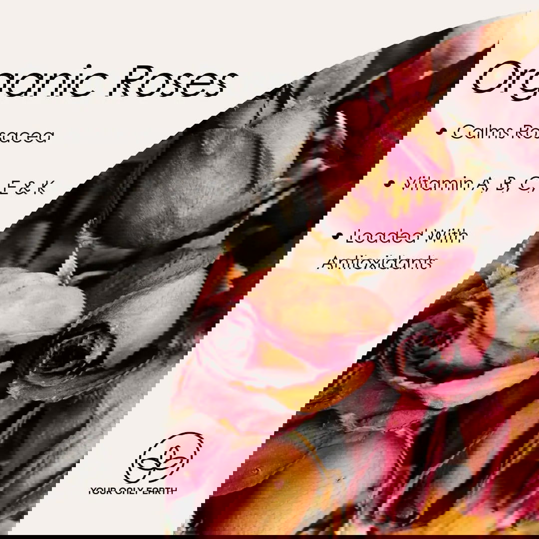 A warped floral ad shows grayscale and colored roses with wavy lines and distorted text. Only "roses" stands out, possibly referencing Your Only Earth's Maui Magic Beauty Oil for acne and rosacea.