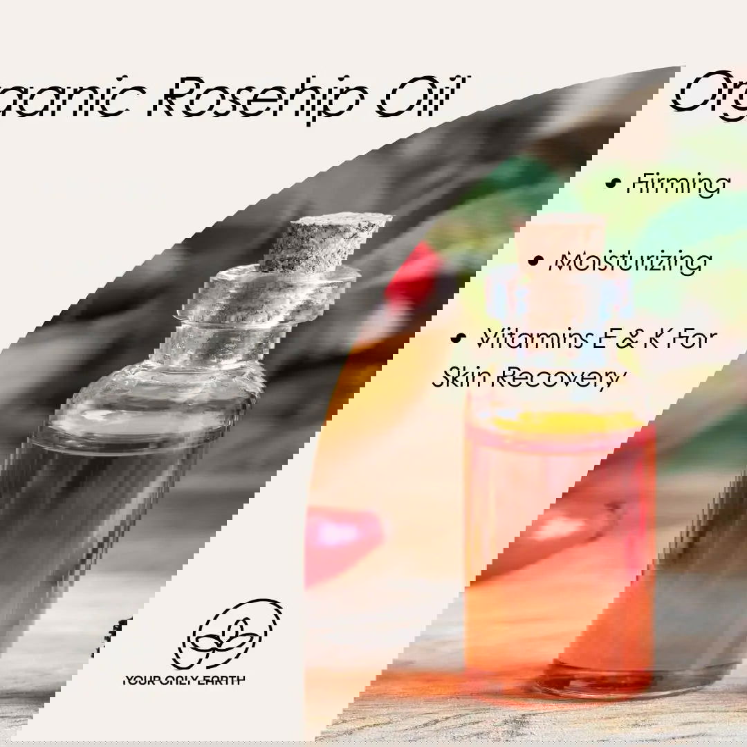 A bottle of Maui Magic Beauty Oil by Your Only Earth—made from organic rosehip—sits with a rose and dropper. Text lists benefits: Nourishing, Moisturizing, Vitamin C & A; ideal for acne and rosacea. Brand logo appears at the bottom.