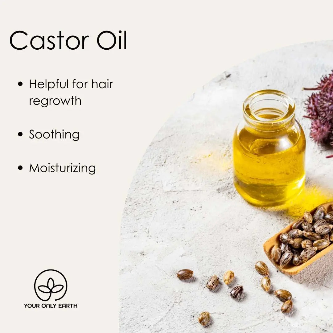 A bottle of Free Spirit Soap by Your Only Earth is showcased on a light background with scattered seeds and patchouli. Text highlights the benefits: helpful for hair regrowth, soothing, and moisturizing. A subtle hippie-styled logo with Your Only Earth appears at the bottom.