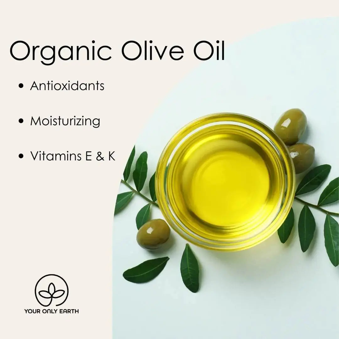 A glass bowl filled with golden oil is surrounded by green olives and leaves. Text reads: Turmeric Soap • Antioxidants • Moisturizing • Vitamins E & K • Anti-Inflammatory. A Your Only Earth logo is at the bottom left.