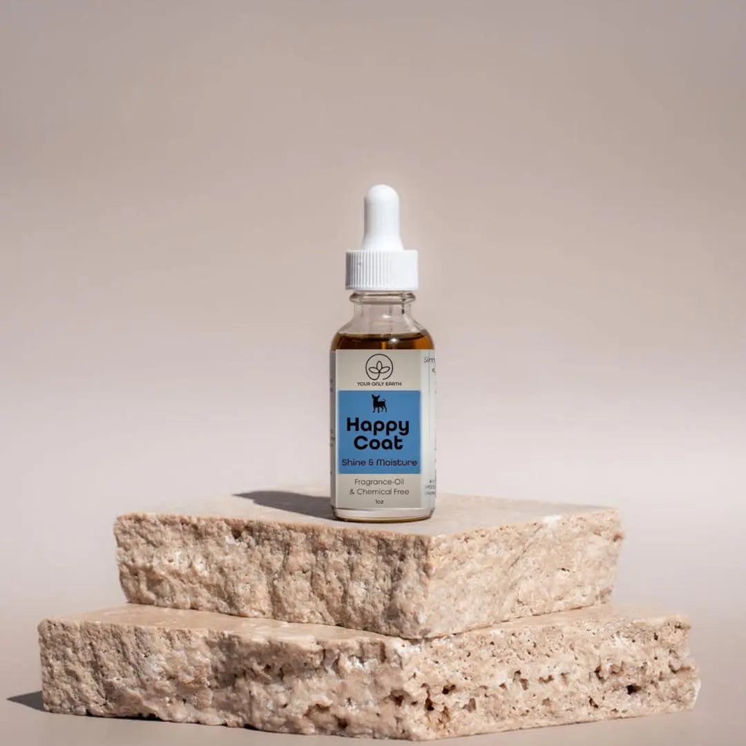 A Happy Coat glass dropper bottle from Your Only Earth sits on stone slabs against a neutral backdrop, highlighting Shine & Moisture. Its a chemical-free, fragrance oil perfect for non-toxic dog soap enthusiasts.
