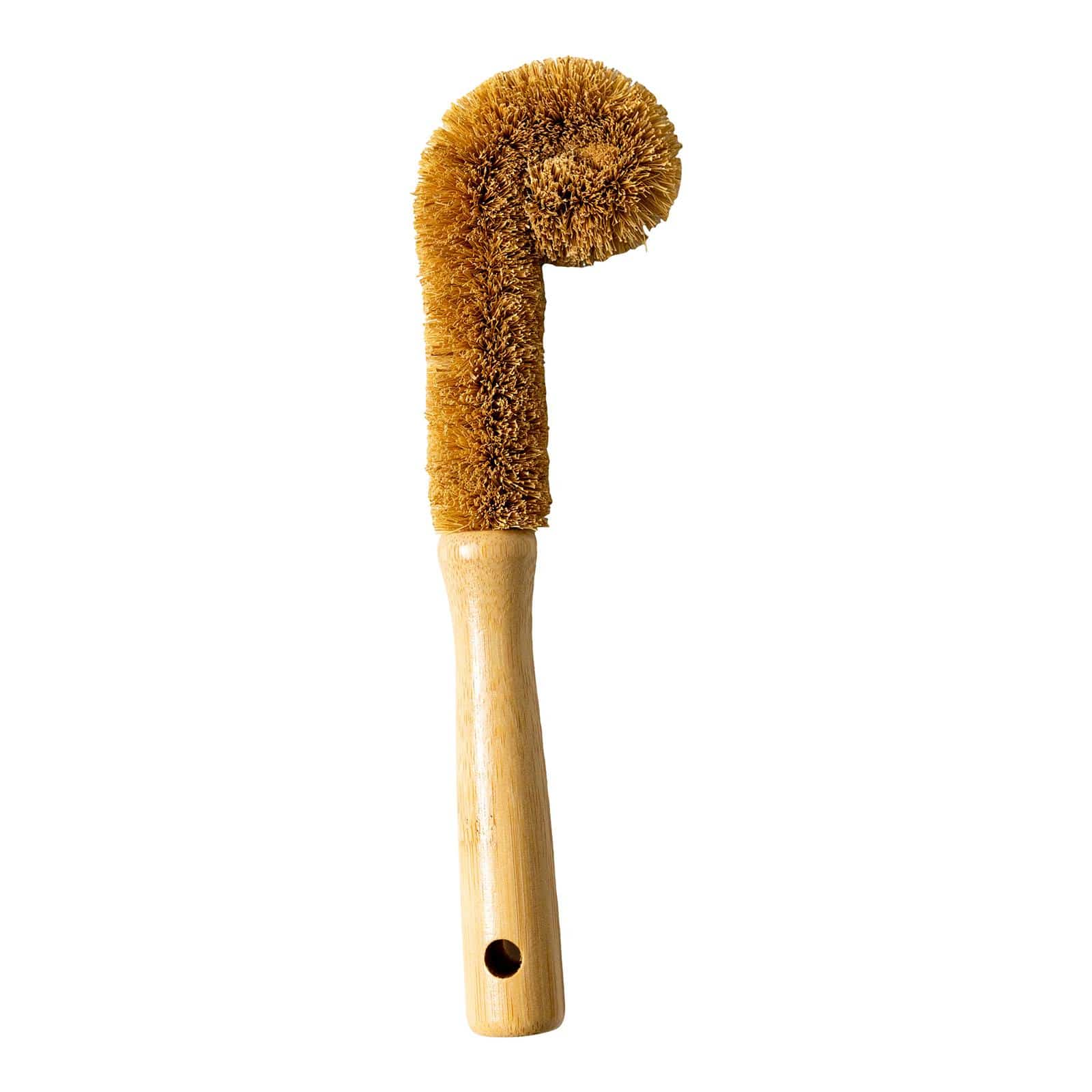 The ZeroWasteStore.com Bottle Cleaning Brush features stiff brown bristles, a curved spiral head, a wooden handle, and a hanging hole—making it an eco-friendly tool for cleaning bottles with ease.