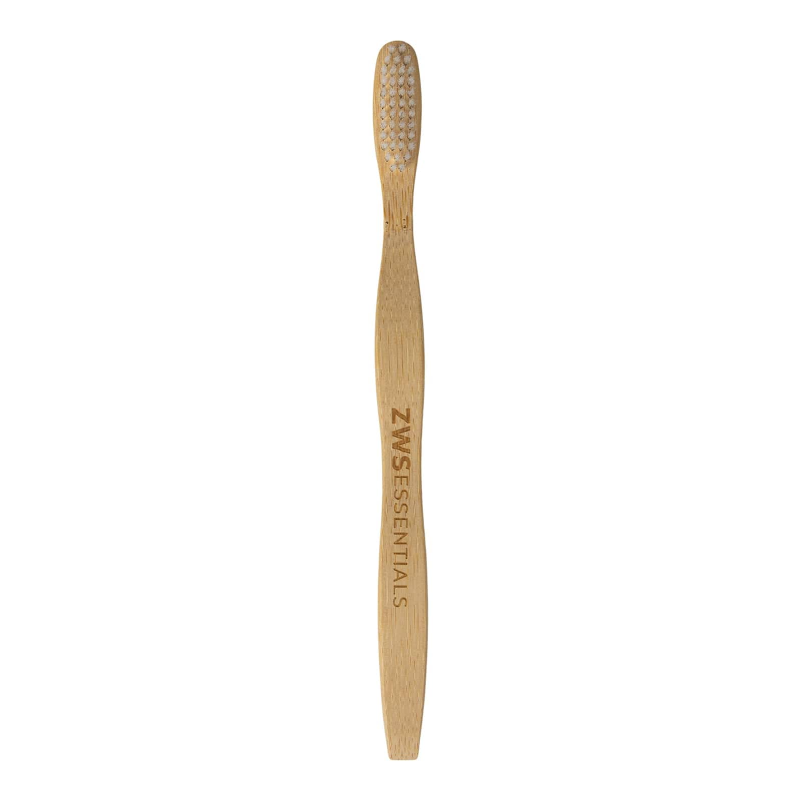 The Bamboo Toothbrush from ZeroWasteStore.com features white bristles and an engraved handle, offering a plastic-free essential displayed against a white background.