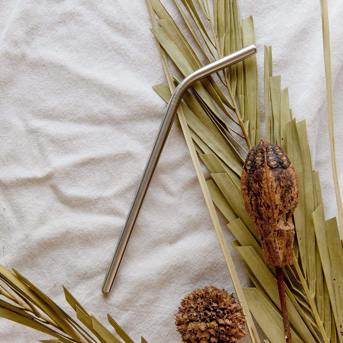 A ZeroWasteStore.com Stainless Steel Straw—choose from straight, bent, or boba style—rests on textured white fabric beside dried palm leaves and brown seed pods for a natural, plastic-free look.