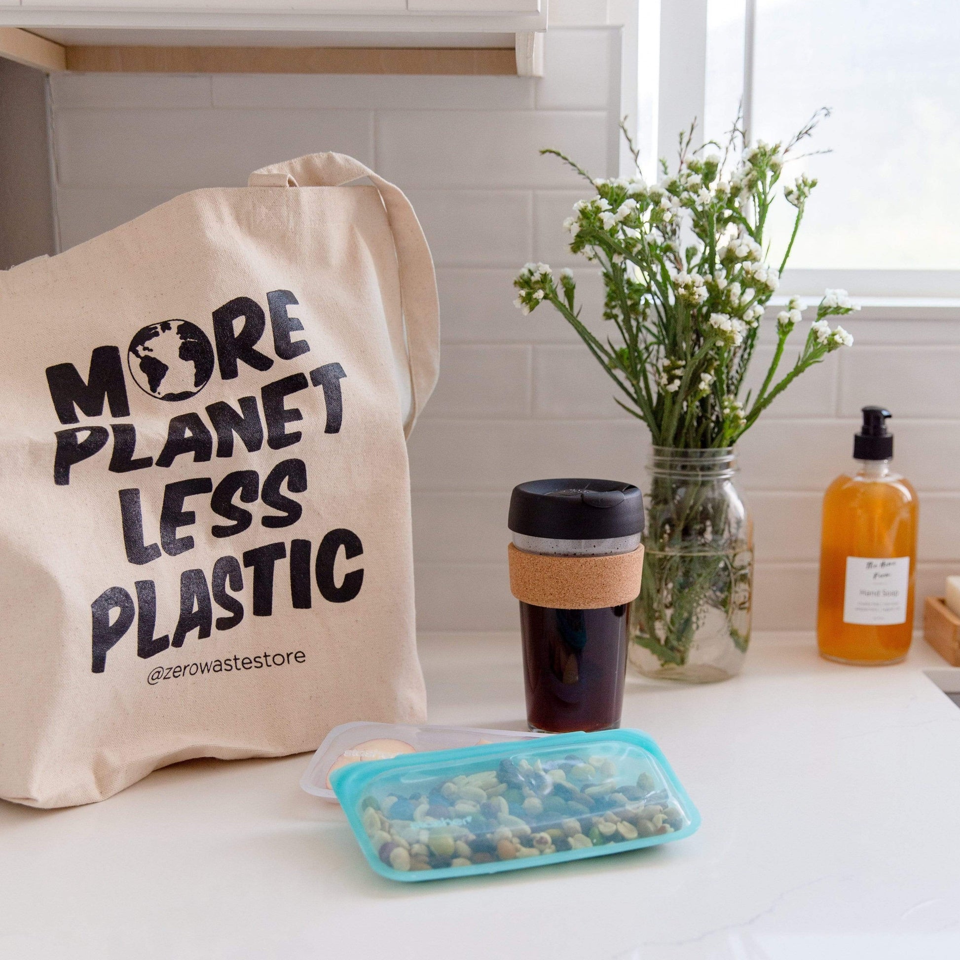 More Planet Less Plastic Organic Tote Bag - Blessings Grow Meadows