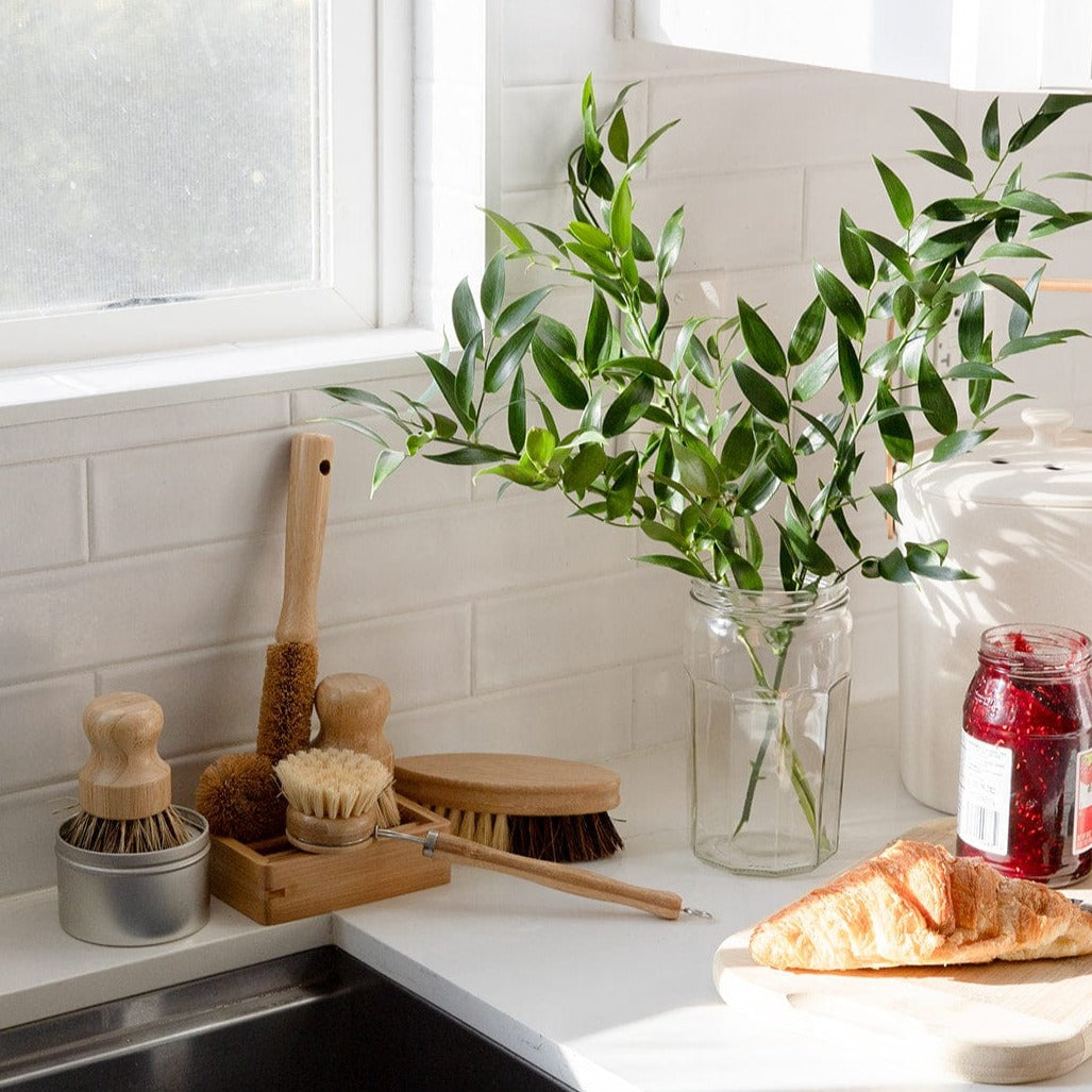 A sunlit kitchen countertop features the ZeroWasteStore.com Zero Waste Dish Brush Kit, a glass jar with green branches, a jar of red jam, and a croissant on a plate beside the window.