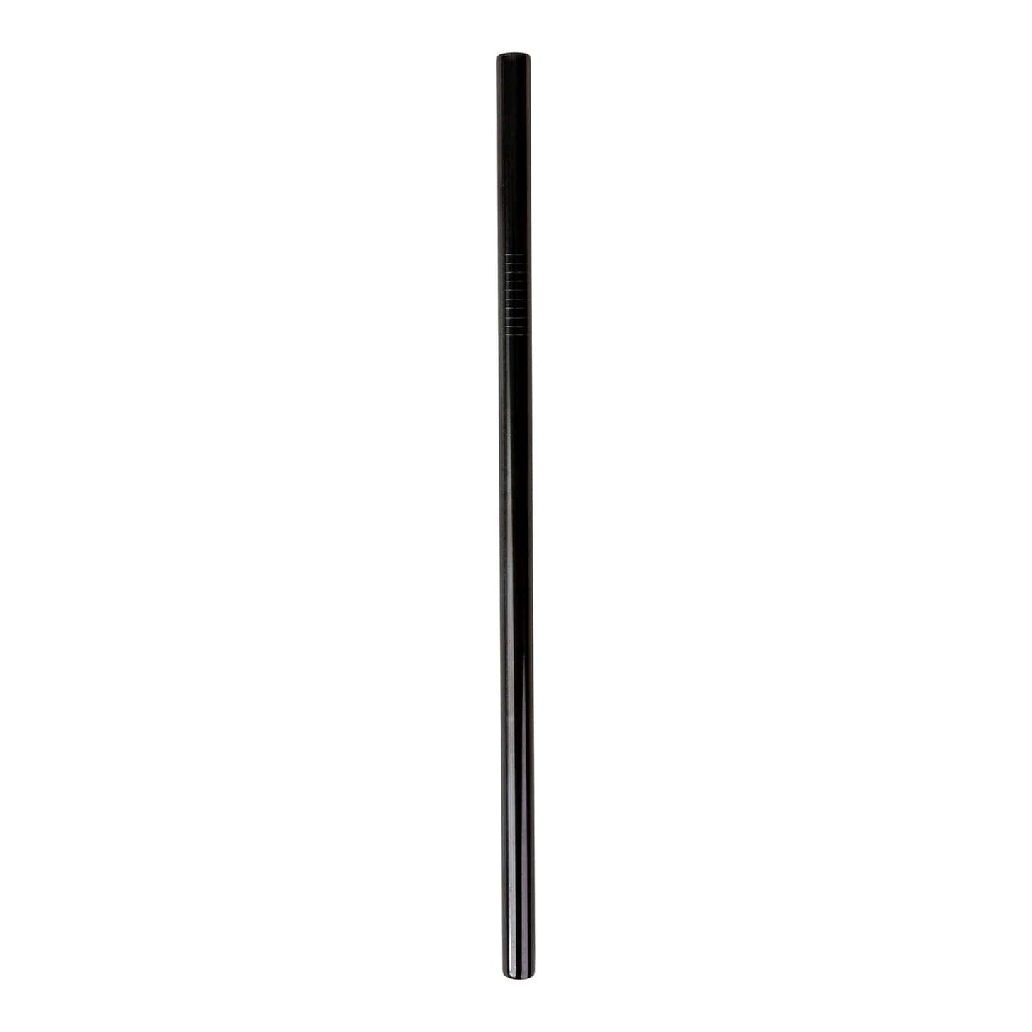 A straight black Stainless Steel Straw from ZeroWasteStore.com stands vertically against a white background, featuring a smooth, plastic-free surface with several horizontal grooves near the top.