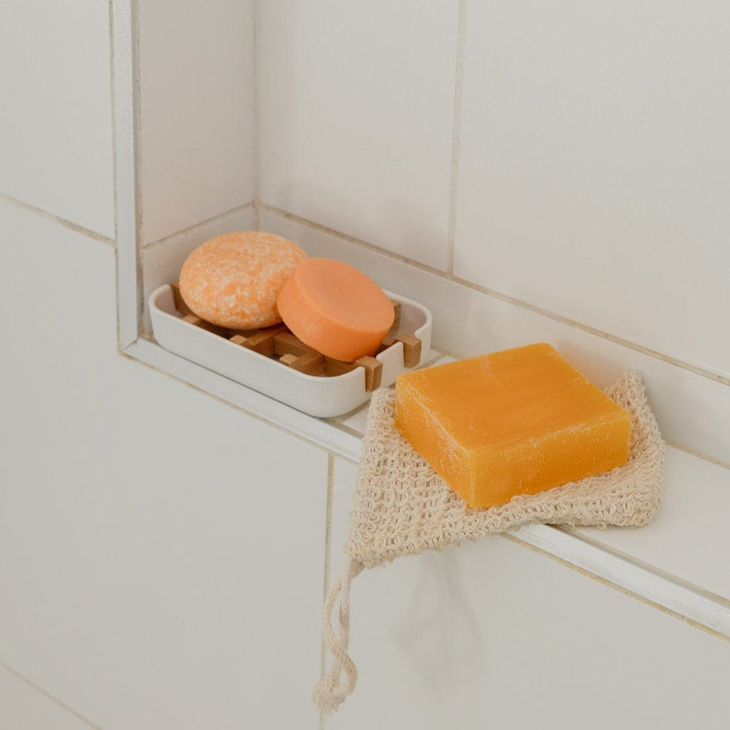 Bright yellow glycerin soap bar from ZeroWasteStore.com, eco-friendly zero waste bar soap with sunshine scent, 4.5oz