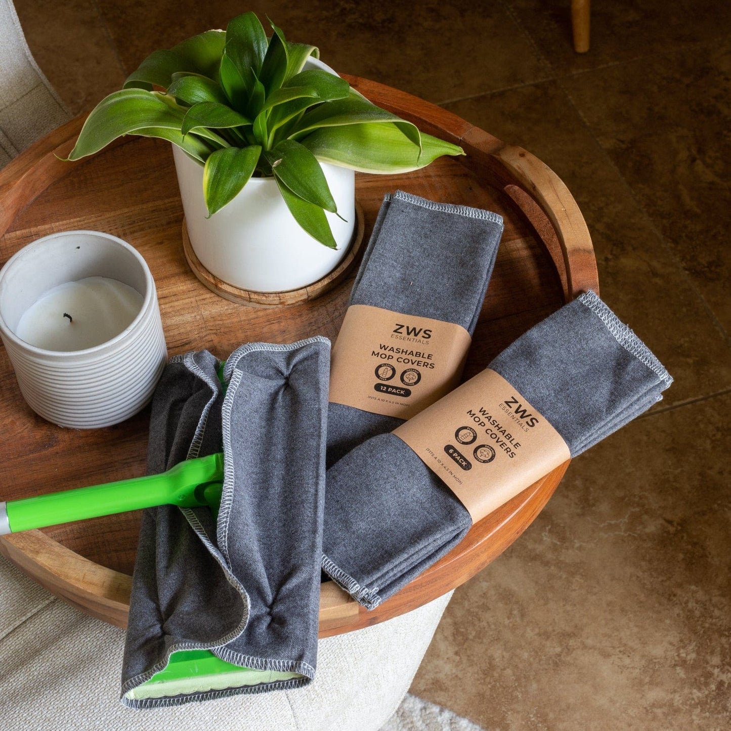 Six white washable mop covers for cleaning tools, designed for reusable and eco-friendly cleaning by ZeroWasteStore.com