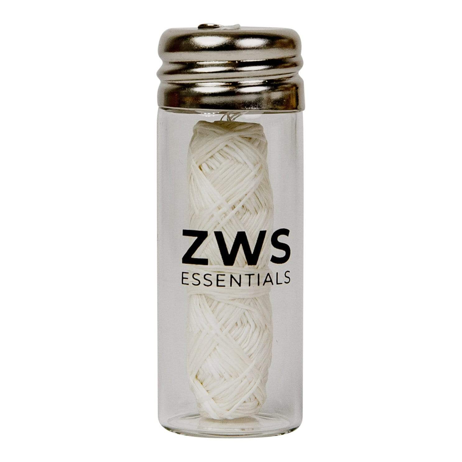 ZeroWasteStore.com Silk Floss is a 30m biodegradable, refillable dental floss in a clear glass container with a metal lid—your plastic-free essential for sustainable oral care.