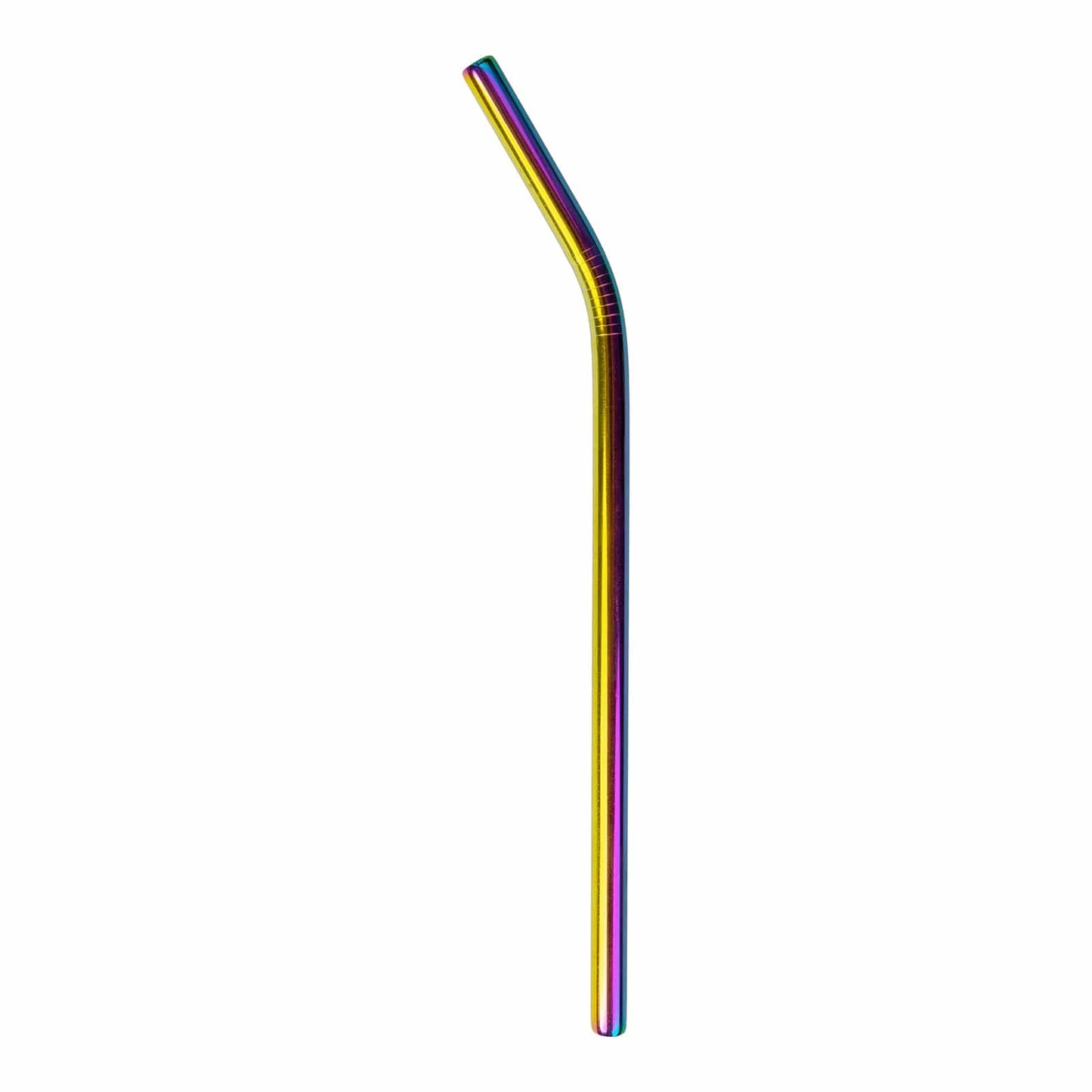The ZeroWasteStore.com Stainless Steel Straw—available in straight, bent, or boba style—features a rainbow iridescent finish and is plastic-free. Shown here with a slight bend near the top against a white background.