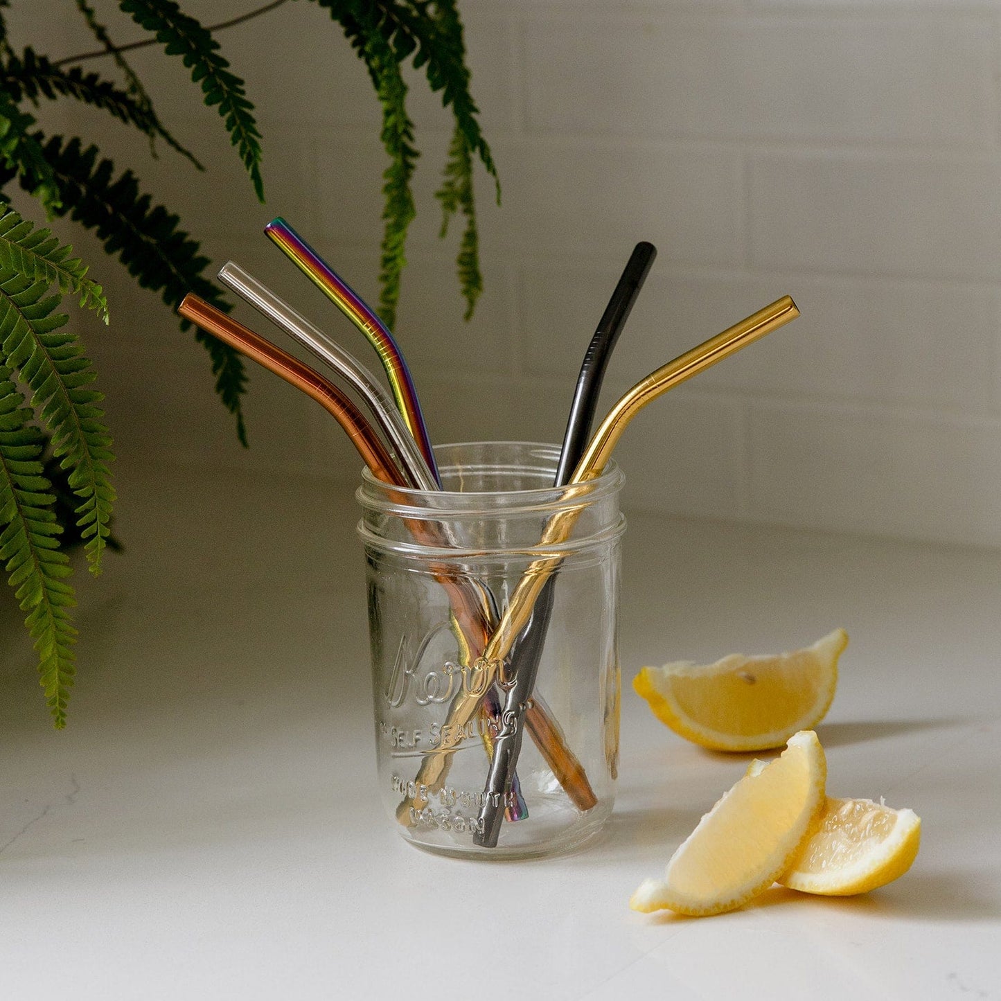 A glass mason jar holds five colorful Stainless Steel Straws (Straight, Bent, or Boba Style) from ZeroWasteStore.com. Slices of lemon and green ferns rest on a white surface—ideal for a stylish, plastic-free lifestyle.